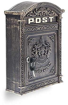 Relaxdays Briefkasten Antik Englischer Wandbriefkasten aus Aluguss mit breitem Briefschlitz für DIN A4 Umschläge HBT: 44,5 x 31 x 9,5 cm nostalgischer Postkasten mit rundem Dach, bronze