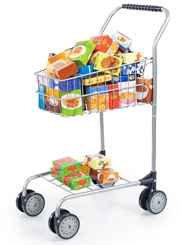Bayer Design 75000S - Einkaufswagen mit Inhalt | mit Spiellebensmittelkartons, Doppelräder, Kaufladenzubehör, Kaufladenzubehör