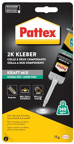 Pattex Kraft-Mix Extrem Fest, extrem starker Epoxidharz Kleber mit hoher Endfestigkeit, Klebstoff für fast jedes Material, transluzenter 2 Komponenten Kleber, 1x12g