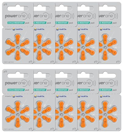 PowerOne Typ 13 Hörgerätebatterien Pack 60 Stück - Langlebige Leistung, Quecksilberfrei, Kompatibel Bluetooth & Streaming