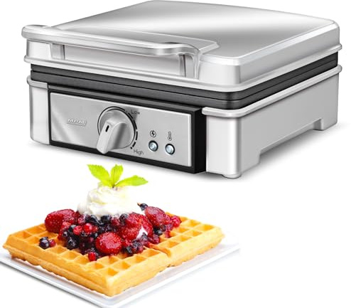 MPM MGO13 Professionelles Waffeleisen für 2 Dicke Belgische Waffeln, Antihaftbeschichtete Platten, Temperaturregelung, Edelstahlgehäuse, 1400W