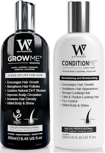 Haarwuchs Shampoo, Haarwuchs-Conditioner Watermans, Biotin, Arganöl, Allantoin, Rosmarin, Niacinamid B3, Lupinenprotein mit vielen anderen Vitaminen für das Haarwachstum.