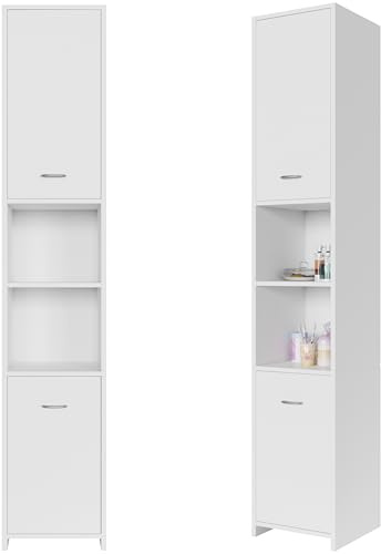 Casaria® Badezimmerschrank 30cm Breit Hochschrank Weiß 6 Fächer Verstellbar 2 Türen Mit Magnetverschluss Stehend Bad Regal Badmöbel Schmal Holz