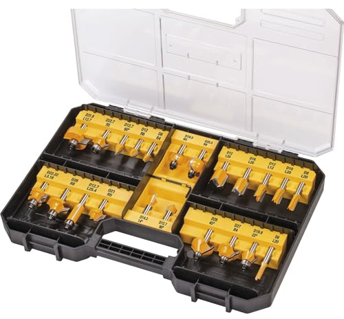 Dewalt Fräser-Set 22 tlg. (Nutfräser, Zinkenfräser, Hohlkehlfräser, in Aufbewahrungsbox mit Klarsichtdeckel) DT90017-QZ