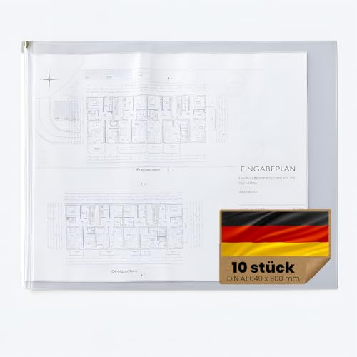 Original Böck Planschutzhüllen (640 x 900 mm) Din A1 – 10 Stück | Transparente Schutzhüllen mit Reißverschluss | Wasserfest, reißfest, beschreibbar | Schutzfolie für Baupläne & Dokumente