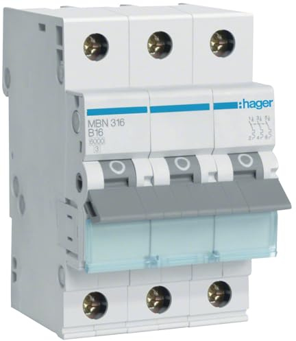 Hager Leitungsschutzschalter MBN316 3-polig 6kA B-16A 3M | LS-Schalter für Hutschiene - 3-Phasen-Sicherung - QuickConnect-Technik - Nennspannung 400V - Zuverlässiger Leitungsschutz