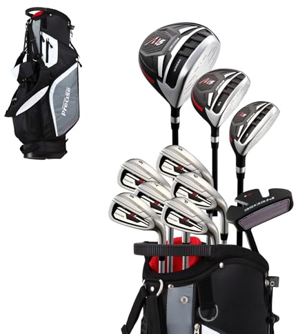 Top Line Herren-Golfschläger-Set M5, Rechtshänder, Set beinhaltet Driver, Holz, Hybrid, 5, 6, 7, 8, 9, PW Edelstahl-Eisen mit True Temper Stahlschaft, Putter, Deluxe Standtasche und 3 Schlägerhauben