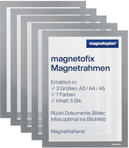magnetoplan 1130401 magnetofix Magnetrahmen 5 Stück, A3, grau | Magnethaftender Rahmen für Dokumente + Bilder | Magnetischer Inforahmen für Büro, Schule, Lager + Werkstatt