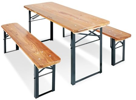 PINOLINO Sepp Kinder Festzeltgarnitur 3-teilig I Klappbare Kindersitzgruppe aus Holz & Metall I Outdoor Tisch mit 2 Bänken für Garten, Geburtstag & Party I Für Kinder ab 3 Jahren