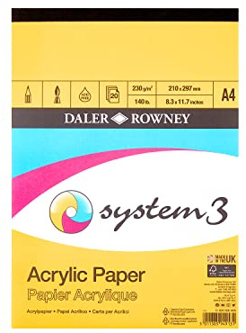 Daler Rowney System3 Acrylpapier, Leinenstruktur, 230 g/m², A4, einseitig geklebt, 20 weiße Blätter, ideal für professionelle Künstler und Studenten