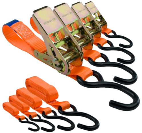 Spanngurte mit Ratsche und Haken 4er Set, 25mm breit 3m lang, bis 700kg, Spanngurt-orange, Zurrgurte für Ladungssicherung, Spanngurte mit Haken, Gurtband, Zurrgurt 3m - TÜV Rheinland geprüft