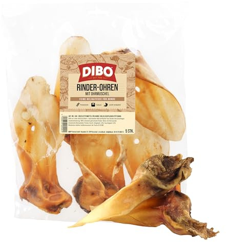 DIBO Rinderohren mit Muschel, 5er-Beutel, der kleine Naturkau-Snack oder Leckerli für Zwischendurch, Hundefutter, Qualitätskauartikel ohne Chemie