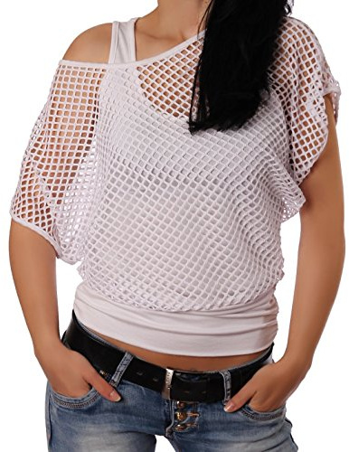 Crazy Age Frauen Partytop Sommertop Fasching Fest Netzoberteil aktueller Trend in Neonfarben- Einheitsgröße, Weiß