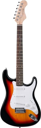 Rocktile Sphere Classic Sunburst E-Gitarre (weißes Schlagbrett, 3x Single Coil Tonabnehmer, 21 Bünde, Engineering Wood Griffbrett, Tremolo-Bridge, 2,5m Gitarrenkabel, Tremolohebel und Inbusschlüssel)