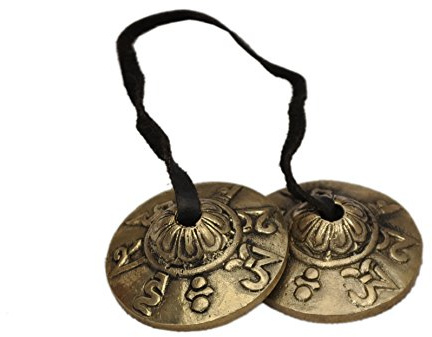 Dharma Store Tingsha, tibetische Handzimbeln, klein, verziert mit dem Mantra Om mani padme hum