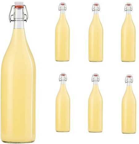 hocz 6x leere Bügelflaschen 1 Liter zum Befüllen Weiß - große Flaschen mit Bügelverschluss - 6er Bügel Glasflaschen Set für Saft, Getränke, Likör, Öl, Saucen - 6 Stück, 1000ml, Weiß