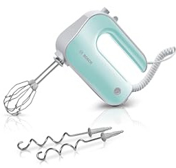 Bosch Handrührgerät, 2 Rührbesen, 2 Edelstahl-Knethaken, spülmaschinenfest, 5 Stufen plus Turbostufe, leicht, 500 W, farbig, türkis/silber, MFQ40302
