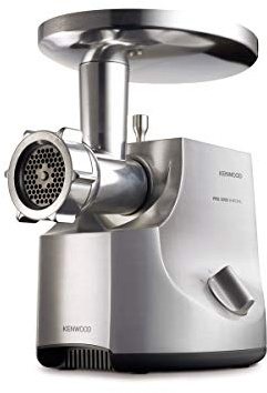 Kenwood Fleischwolf MG700, 3 Edelstahl Lochscheiben, 2 Wurstfüll-Aufsätze, 1 Kebbe-Aufsatz, große Einfüllschale aus Metall mit Abdeckhaube, Metallgehäuse, 2000 Watt, Silber