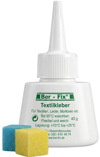 Ber-Fix® Textilkleber 40g Tube – Wasserfester Stoffkleber extra stark – Transparenter Kleber für Stoffe, Baumwolle, Jeans & Kleidung – Waschmaschinenfest