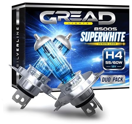 Gread - H4 Lampe Auto H4 12V 55W - super-white - Abblendlicht 8500k E-Prüfzeichen eintragungsfrei - Xenon Optik - 2 Stück