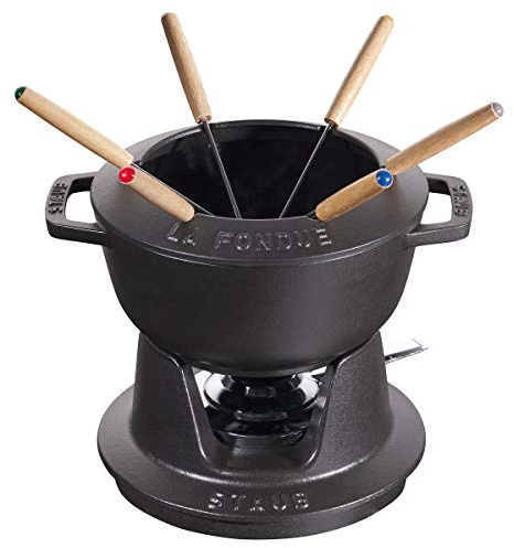 STAUB Fondue Set mit 6 Gabeln, Gusseisen, Rund, 18 cm, 1,6 l, Geeignet für Käse- Schoko- und Fleisch-Fondue, Schwarz