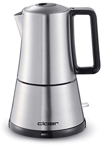 Cloer 5928 Moka Maker, Espressokocher elektrisch, 3-6 Tassen, Edelstahleinsatz, Sicherheitsabschaltung, Sicherheitsventil, An-/Ausschalter, 365 W, Edelstahl