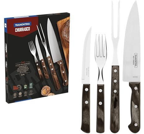 Tramontina Grillbesteck Set, 14-teilig, Edelstahl, Grillset mit Steakbesteck, Tranchiergabel und Tranchiermesser, FSC