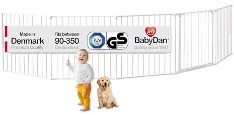 BabyDan Flex XXL, 90-350 cm, Kaminzaun/Treppengitter/Raumteiler/Kaminumrandung, Weiß, Hergestellt in Dänemark - Kinderschutzgitter/Sicherheitsgitter (Haustiergitter/Hundegitter/Hundespielgehege)