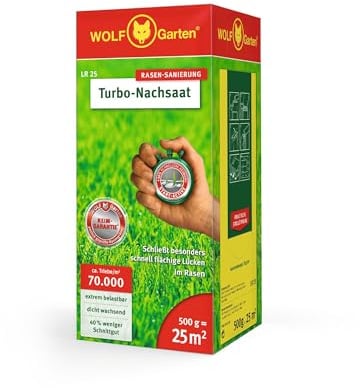 WOLF-Garten Turbo-Nachsaat zur Rasensanierung LR25 (für 25 m², hohe Dichte mit ca. 70.000 Trieben/m², für alle Rasentypen geeignet, mit WOLF-Garten Keimgarantie, 500g in Faltschachtel) 3826020