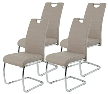 Hela Tische 4er Set Schwingstuhl, Küchenstuhl Flora, Kunstleder Cappuccino, Griffmulde, Metallgestell verchromt, 42x57x98 cm