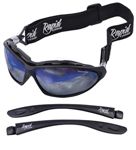 Rapid Eyewear Moritz Anti Fog Polarisierte SPORT SONNENBRILLE Verspiegelt: Wechselbare Seitenarme und Brillenband. Für Damen und Herren. Skibrille, Gletscherbrille. Geschlossen windschutzbrille