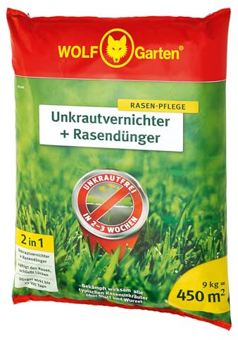 WOLF-Garten 2-in-1: Unkrautvernichter + Rasendünger SQ 450 (Rasendünger und Unkrautvernichter, wirkt über Blätter und Wurzeln, Wirkung bis zu 100 Tagen, ausreichend bis 450 m2) 3840746