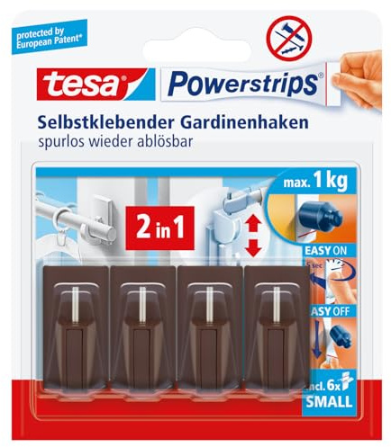 tesa Powerstrips Vario-Gardinenhaken/Selbstklebende Gardinenhaken von tesa - wieder ablösbar und mehrfach verwendbar/Bis 1 kg Belastung / 1 x 4 Stück/Braun