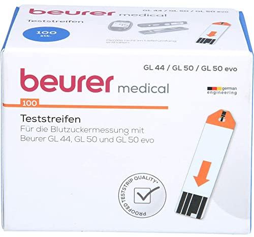 Beurer Blutzucker-Teststreifen zur Verwendung mit GL 44, GL 50 und GL 50 evo, 100 Stück (2 x 50er Dose), zur Eigenanwendung geeignet, geprüfte Teststreifen-Qualität