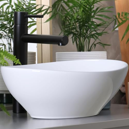 Waschbecken24 Premium Ovales Waschbecken mit Lotus-Effekt – Aufsatzwaschbecken Kratzfest & Pflegeleicht, Waschschale für Badezimmer, Leicht zu Installieren – 41x33x14 cm, Weiß