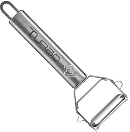 TURBO PRODUKTE Sparschäler-Universalschäler Edelstahl für Obst & Gemüse - Vor-und Rückwärts mit Pendelklinge für Links- & Rechtshänder - 3in1 Funktion (Edelstahl, 1 Stück)