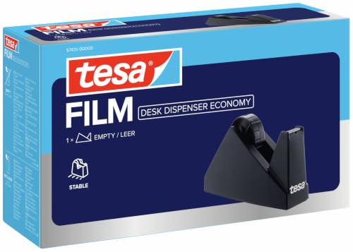 tesa Economy Tischabroller für Klebeband bis 66 m x 25 mm - Schwarz | Robuster Klebeband-Spender für große Klebefilmrollen - Einhandbedienung, mit rutschfestem Standfuß und scharfem Wellenmesser