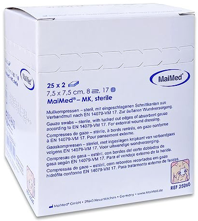 MaiMed Sterile Kompressen 7.5x7.5 cm – 50 Stück Mullkompressen 8-lagig, fusselfrei – Mulltupfer steril & Wundauflagen nicht haftend für Verband & Pflege