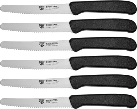 GRÄWE Tafelmesser 6 Stück, Messerset zum Schneiden, 6er Pack Brötchenmesser, Frühstücksmesser mit einseitigem Wellenschliff, Brotzeitmesser, scharfe Messer für Brotzeit, 21 cm - Schwarz