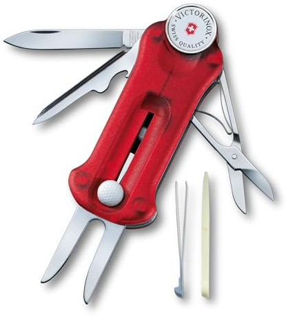 Victorinox Schweizer Taschenmesser, Golf Tool, Multitool, Outdoor, 10 Funktionen, Klinge, Reparatur-Werkzeug, Ballmarkierer, Rot Transparent