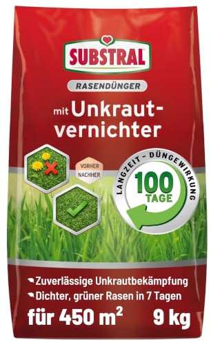Substral Rasendünger mit Unkrautvernichter 9 kg für 450m² Langzeitwirkung | Bekämpft rasentypische Unkräuter | Wirkung über Blatt und Wurzel | Langzeitdünger bis 100 Tage