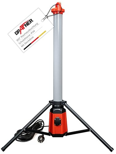 Grafner Profi LED Tower Baustrahler mit Steckdose und Stativ, 360° 7500 Lumen, 100 Watt, Höhe: 150 cm, IP44, 6500K Tageslichtweiß, Arbeitsleuchte Baustellenstrahler 360 Grad rundum Arbeitslampe Turm