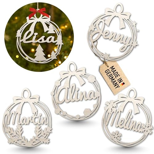 Urhome Weihnachtskugel Holz Ornament mit Wunschtext personalisiert - 6 Verschiedene Christbaumschmuck Motive - Weihnachtsbaum Name Gravur Anhänger für Familie Partner Freunde zu Weihnachten