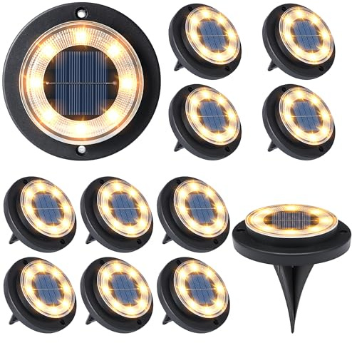 Flacchi Solar Bodenleuchten Warmweiß 12 Stück Aussen Wasserfest mit 8 LED | Solarleuchten für Garten Außen Wasserdicht Led Solar Gartenleuchten, Solarlampen für Außen Rasen Auffahrt Gehweg Patio