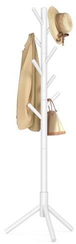 VASAGLE Garderobenständer, Kleiderständer aus Massivholz, Garderobe in Baumform, 8 Haken, 3 verstellbare Höhen, für Kleidung Hut Tasche, Wohnzimmer Schlafzimmer Büro, weiß RCR04WT