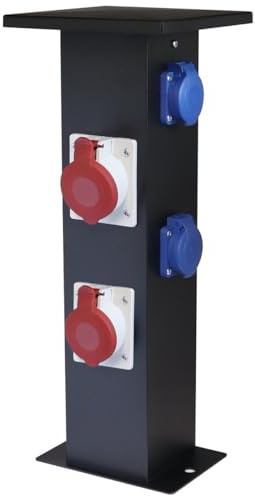 WITTKOWARE Alu-Steckdosensäule für Festinstallation, Standverteiler bestückt mit 2X 16A Schutzkontakt-Steckdosen, 1x 16A CEE-Steckdose und 1x 32A CEE-Steckdose, Farbe schwarz
