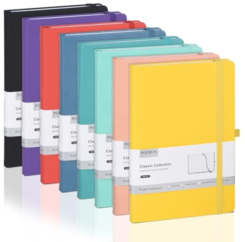 POPRUN Notizbuch A5 Liniert Hardcover, 240 Seiten, 8 Pack, Farben | 14 x 21 cm, 70 g/㎡, Liniert Notizbücher, Hardcover Leder, Innentasche, Journal für Büro, Schule, Lehrer, Planung