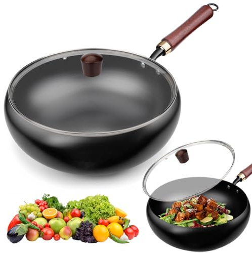 Eisenpfanne Geschmiedet, Unbeschichtete Eisenpfanne, Japanische Eisenpfanne | 28cm Schmiedeeiserne Pfanne mit Deckel, Eisenpfanne Geschmiedet Antihaftpfanne,Brat Universalpfannen für Gasherd Induktionshe