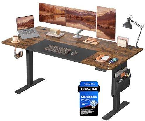 SONGMICS Höhenverstellbarer Schreibtisch elektrisch, 160 x 70 cm, stufenlos verstellbar, Memory-Funktion mit 4 Höhen, vintagebraun-Mattschwarz LSD026X01