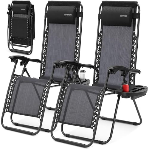 SereneLife Sonnenliege Klappbar 2er Set, Zero Gravity Liegestuhl Garten, bis 120 kg Schwarz, Verstellbar und Wetterfest, mit Tisch Getränkehalter und Kopfkissen, für Balkon Strand Camping
